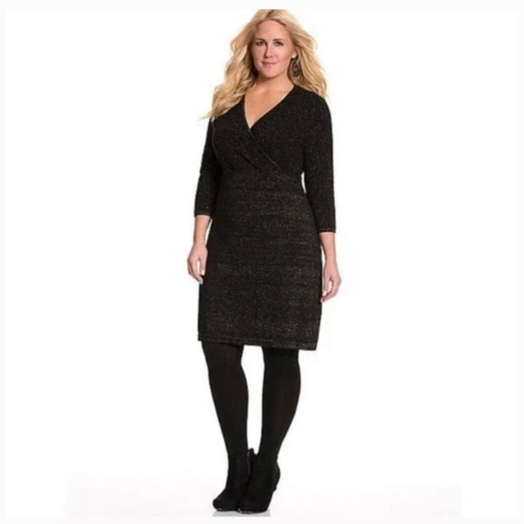 Lane Bryant 26/28 Black & Gold Metallic Knit Faux Wrap Surplice Sweater Dress - Picture 1 of 4